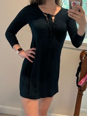 Forever 21 Forest Green Lace-Up Long Sleeve Dress